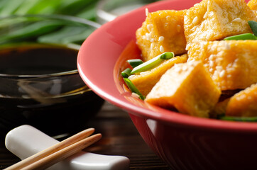 Close Up view at crispy fried tofu pieces with chives and sesame in clay dish