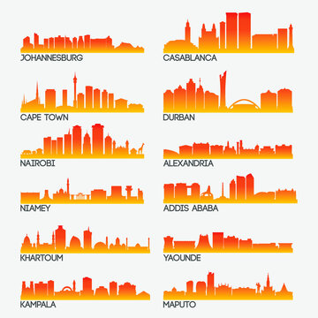 Africa Skyline City Silhouette Design Collection. Vector Illustration Set Clip Art.