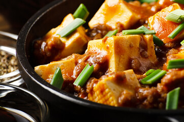Mapo tofu in cast iron skillet with pork chopped chives soy sauce sichuan pepper garlic and spices