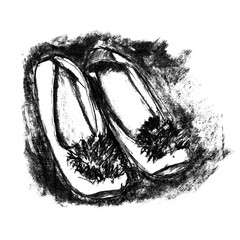 women's white house Slippers, flats with black pompom, black and white illustration, hand drawn charcoal sketch 