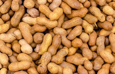 Food background of raw peanuts in the shell.