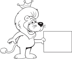 Black and white illustration of a lion wearing a crown and holding a sign.