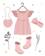 Childrens Fashion. Festive set of pink clothes for a girl. Pastel set with baby clothes and accessories.