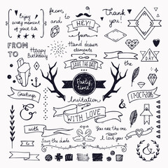 Hand drawn hipster doodle collection for wedding invitations, birthday, greeting cards design. Frames, deer horns, ribbons, arrows, branches and other festive attributes. Isolated on white background.