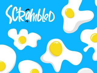 Naklejka premium Scrambled hand drawn lettering logo for business, print and advertising with eggs on blue background.