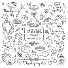 Thanksgiving traditional symbols in doodle style. Collection of hand drawn design elements for greeting card, invitation, poster templates: food and drink, pumpkin pie, turkey, corn, lettering.