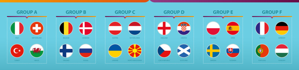 Football tournament flags sorted by group.