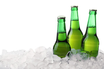 Bottles of beer on ice cubes against white background
