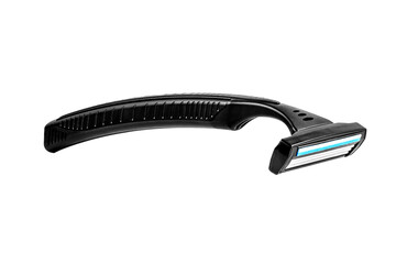 Disposable black plastic razor with three blades. Close-up isolation on a white background.