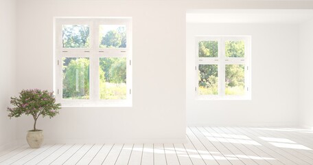 Obraz na płótnie Canvas White empty room with summer landscape in window. Scandinavian interior design. 3D illustration