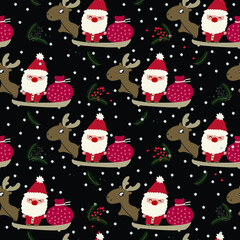 Santa on sleigh with reindeers and a bag of gifts seamless patter black background. Christmas stars in the night. Vector Illustration