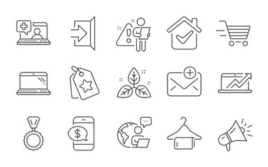 Fair trade, New mail and Sales diagram line icons set. Medical help, Laptop and Exit signs. Delivery shopping, Megaphone and Phone payment symbols. Medal, Clean towel and Loyalty tags. Vector