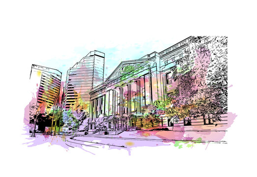 Building View With Landmark Of Columbus Is The State Capital And The Most Populous City In The U.S. State Of Ohio. Watercolour Splash With Hand Drawn Sketch Illustration In Vector.