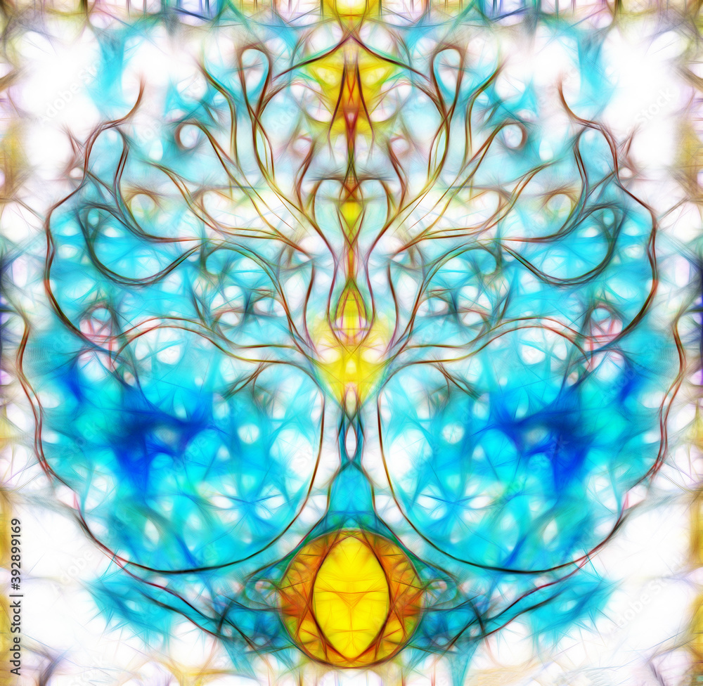Poster tree of life symbol on structured ornamental background, yggdrasil. Fractal effect.