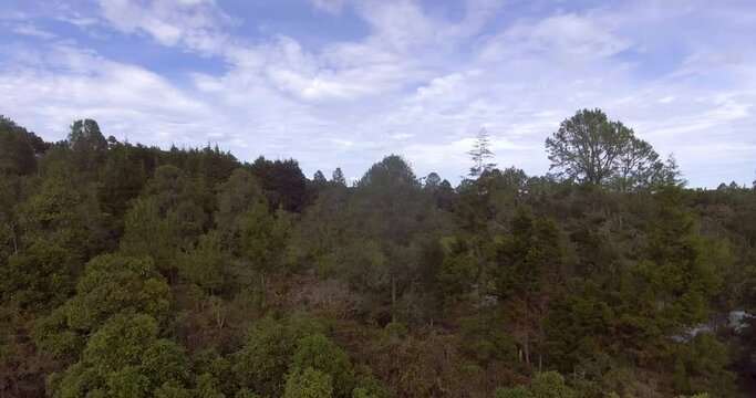 Pristine Green Guarne Lagoon in the Middle of the Woods near Medellin, Colombia on a Cloudy Day shot from in Smooth Travelling form Above
