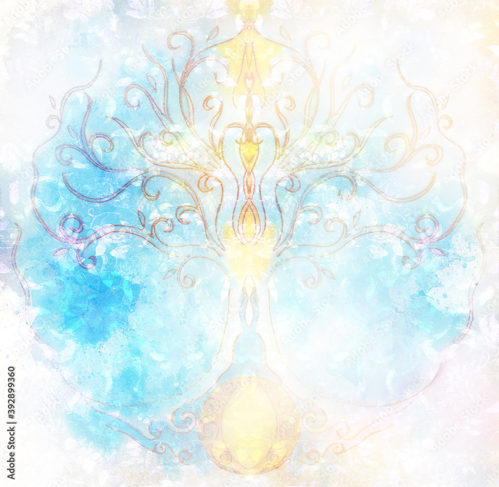 Poster tree of life symbol on structured ornamental background, yggdrasil.