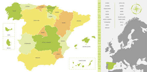 Detailed vector map of Spain, with administrative divisions into Autonomous Communities and Islands