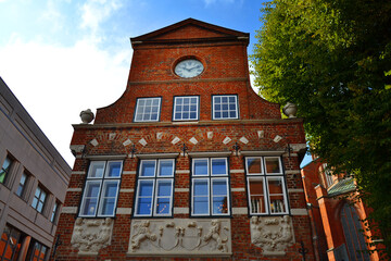 Typical old building in Luneburg, Germany, Europe. Brick gothic architecture.
