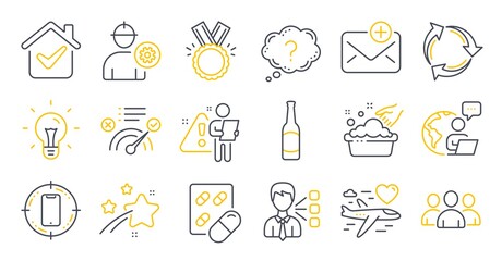 Set of Business icons, such as Capsule pill, Smartphone target, Recycle symbols. Third party, Honeymoon travel, Beer signs. Engineer, Idea, Group. Question mark, Correct answer, Honor. Vector