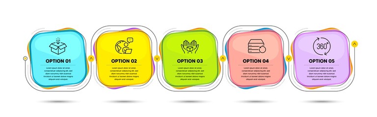 Hold box, 360 degrees and Recovery server line icons set. Timeline process flowchart. Get box sign. Delivery parcel, Full rotation, Backup data. Send package. Technology set. Vector © blankstock