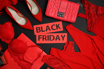 Stylish women's accessories, shoes, underwear and phrase Black Friday on dark background, flat lay