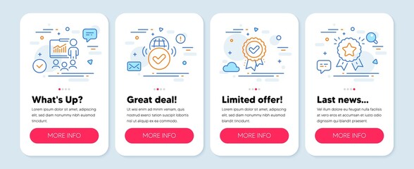 Set of Education icons, such as Approved award, Presentation, Verified internet symbols. Mobile screen app banners. Ranking star line icons. Verification, Business conference, Confirmed web. Vector