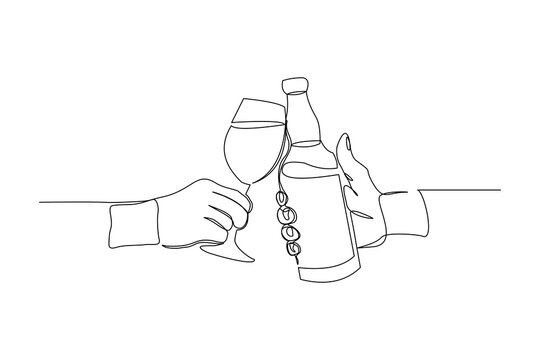 Continuous line drawing of hand cheering and holding bottle and glass wine liquor. One line art concept of bar party. Vector illustration