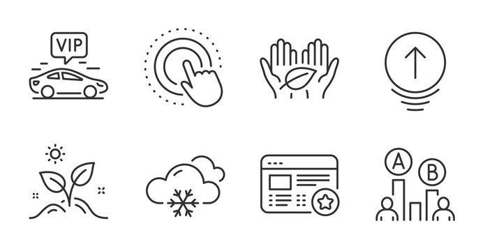 Swipe up, Vip transfer and Fair trade line icons set. Favorite, Click hand and Grow plant signs. Ab testing, Snow weather symbols. Scrolling page, Exclusive transportation, Safe nature. Vector