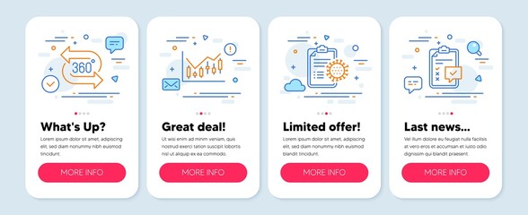 Set of line icons, such as Financial diagram, 360 degree, Coronavirus report symbols. Mobile screen mockup banners. Checklist line icons. Candlestick chart, Virtual reality, Treatment. Survey. Vector