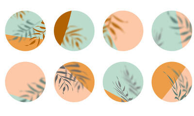 Abstract highlight covers for social media with leaves, round icon set for current pinned stories....