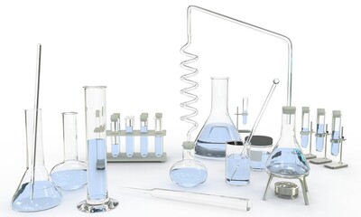 lab test tubes and other biotechnology glassware with water on white background - college concept, 3D illustration of objects