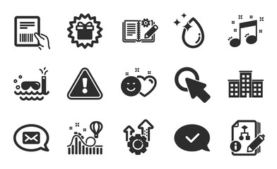 Messenger, Company and Click here icons simple set. Roller coaster, Parcel invoice and Surprise gift signs. Approved message, Engineering documentation and Algorithm symbols. Flat icons set. Vector