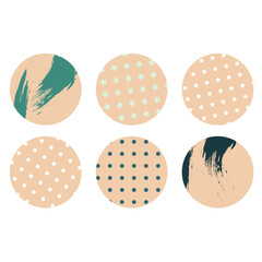 Abstract beige highlight covers for social media, round icon set for current pinned stories.  Vector circle illustration. Brush stroke on beige circle.