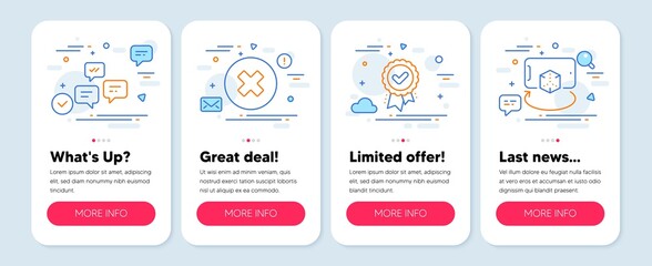 Set of Technology icons, such as Approved award, Close button, Chat messages symbols. Mobile app mockup banners. Augmented reality line icons. Verification, Delete or decline, Communication. Vector