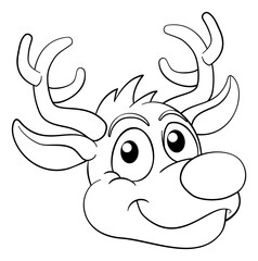 A cute Christmas Santas reindeer cartoon character. In black and white outline like a coloring book page.