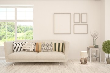 White living room with sofa and summer landscape in window. Scandinavian interior design. 3D illustration