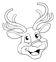 A cute Christmas Santas reindeer cartoon character. In black and white outline like a coloring book page.