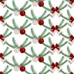 Bells with branches on white Seamless pattern. Christmas bells Design Pattern. Vector Illustration.