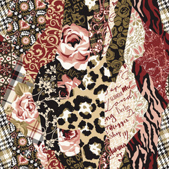 Roses tartan written arabesque wild animal skin fabric patchwork vector seamless pattern - obrazy, fototapety, plakaty