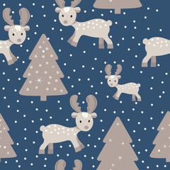 Deer and Christmas trees on a blue background with snowflakes scattered around the pattern. Vector illustration.