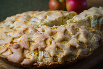 Traditional apple pie baked in a home oven.
