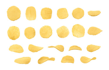 Set of top and side views of rippled potato chips isolated on white background