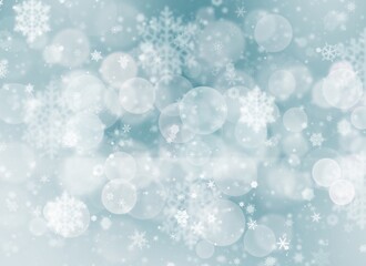 Blue abstract background. white light and snowflakes bokeh winter for Christmas new year blurred beautiful shiny lights use for card banner wallpaper backdrop and your product.