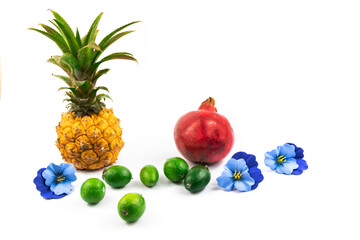 Scattering of exotic fruits on white isolated background