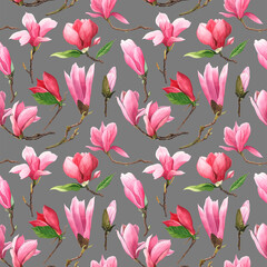 Seamless pattern with magnolia flowers. Watercolor illustration. Isolated elements on a gray background.