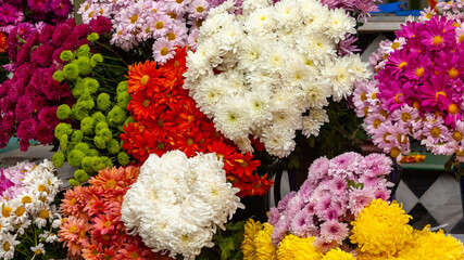 Colourful bouquet of blooming flowers in outdoor market, Tbilisi