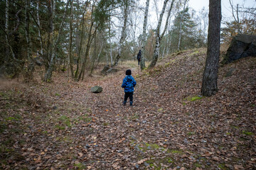 Obraz premium A child standing in a forest where fallen leaves are from the trees. Mother a little further.