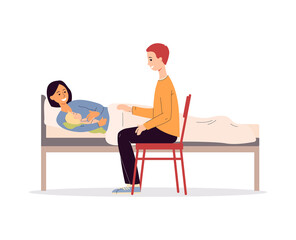 Careful parents and newborn after childbirth, flat vector illustration isolated.