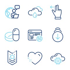 Business icons set. Included icon as Rainy weather, Heart, Medical drugs signs. Scroll down, Touchscreen gesture, Shoulder strap symbols. 5g internet, Cloud computing line icons. Rain, Love. Vector