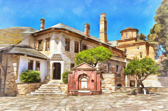 Xeropotamou monastery colorful painting looks like picture, Mount Athos, Greece.